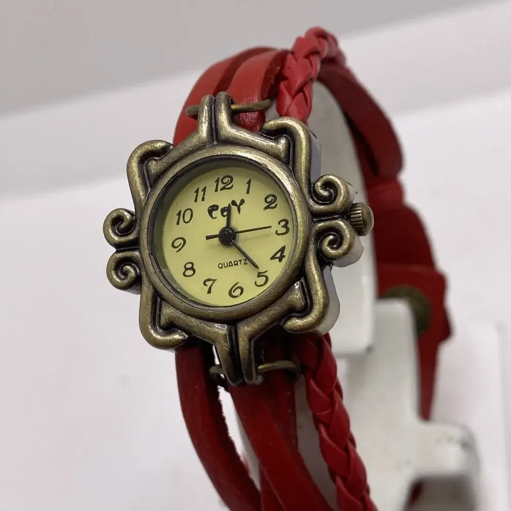 Womens Red Leather Beaded Brass Watch New Battery